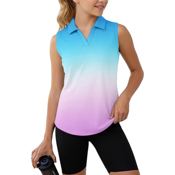 Abcomgle Girls Golf Shirts with Collar Gradient V-Neck Sleeveless Tank Top Quick Dry Athletic Golf Polo for Girls,Yellow,4-5Years