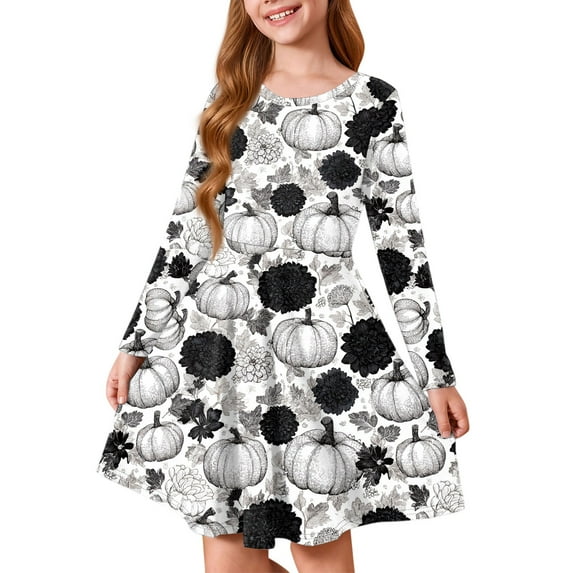 Abcomgle Girls Halloween Dresses Size 10-12 Cute A-Line Long Sleeve T Shirt Dresses for Girls Spooky Vintage Pumpkin Floral Dresses for Girls Crewneck Scary Swing Dress Outfits,9-10 Years