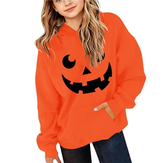 Abcomgle Girls Halloween Hoodie 10-12 Funny Pumpkin Face Sweatshirts with Hooded Lightweight Long Sleeve Girls Pullover Top with Pocket Fall Holiday Shirt for Teen Girls