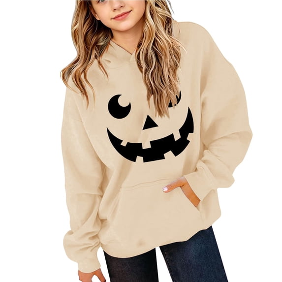 Abcomgle Girls Halloween Hoodie 10-12 Spooky Pumpkin Face Sweatshirts with Hooded Preppy Long Sleeve Girls Pullover Top with Pocket Winter Clothes for Tween Girls
