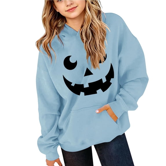 Abcomgle Girls Halloween Hoodie 7-8 Horror Pumpkin Face Sweatshirts with Hooded Casual Long Sleeve Girls Pullover Top with Pocket Fall Holiday Sweaters for Teens