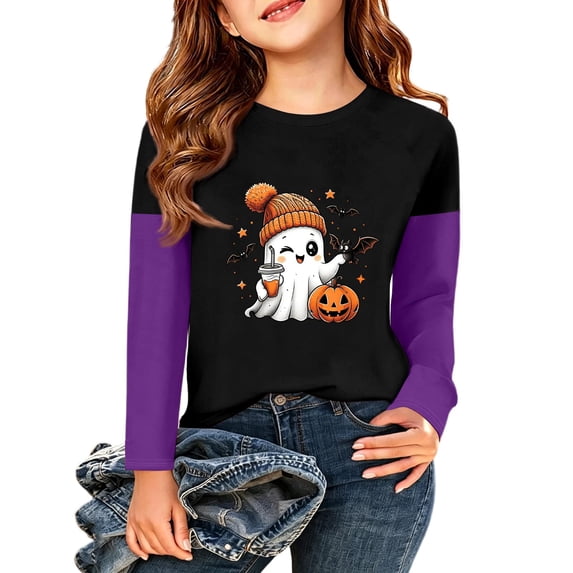 Abcomgle Girls Halloween Shirts 10-12 Cute Ghost Pumpkin Bat Graphic Tshirts for Girls Crewneck Raglan Long Sleeve Shirts for Kids Girls Fall Funny Top for Girls