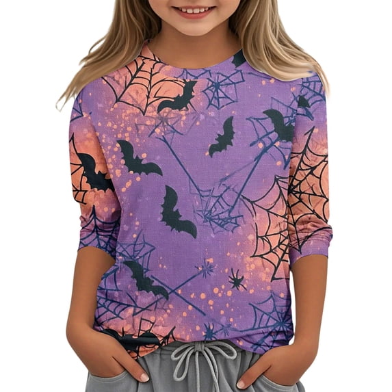Abcomgle Girls Halloween Shirts 10-12 Spooky Bat Spider Graphic Tshirts for Girls Crewneck 3/4 Sleeve T Shirts for Girls Fall Funny Cute Tee Top Girls,5-6 Years