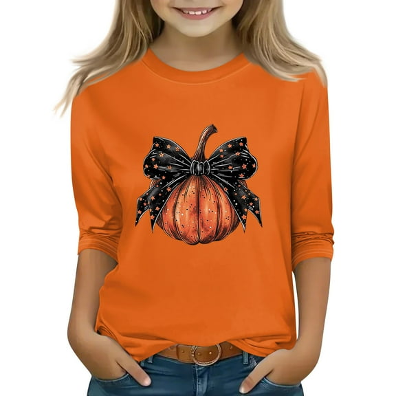 Abcomgle Girls Halloween Shirts 10-12 Spooky Bow Pumpkin Graphic Shirts for Kids Crewneck 3/4 Raglan Sleeve Tee Shirts for Girls Fall Funny Cute Blouses for Girls,10-11 Years