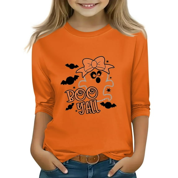 Abcomgle Girls Halloween Shirts 10-12 Spooky Ghost Boo Graphic Shirts for Kids Girls Crewneck 3/4 Raglan Sleeve Tshirts for Girls Fall Funny Holiday Blouses for Girls,3-4 Years