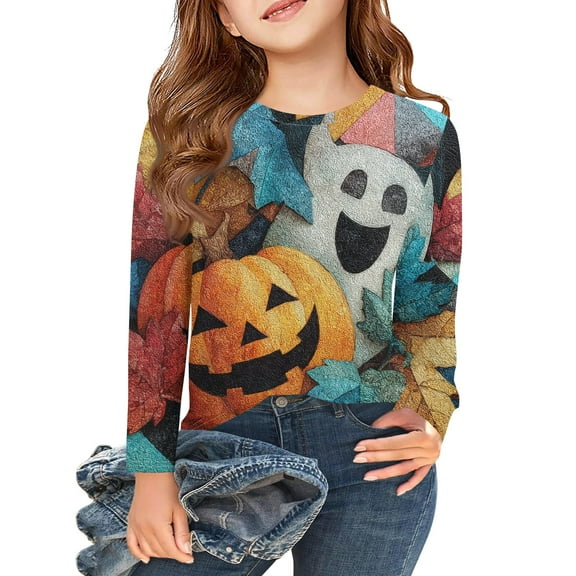 Abcomgle Girls Halloween Shirts 10-12 Spooky Ghost Pumpkin Graphic Shirts for Kids Girls Crewneck Long Sleeve Tshirts for Girls Fall Funny Cute Tee Top Girls,4-5 Years