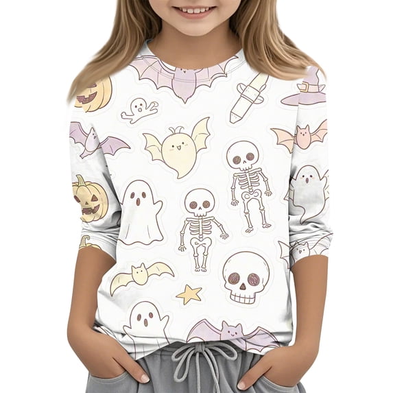 Abcomgle Girls Halloween Shirts 10-12 Spooky Ghost Skeleton Bat Graphic T-Shirts for Girls Crewneck 3/4 Sleeve Shirts for Kids Fall Funny Scary Blouses for Girls