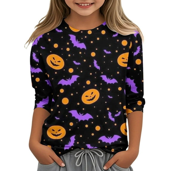 Abcomgle Girls Halloween Shirts 10-12 Spooky Pumpkin Bat Graphic Tee Shirts for Girls Crewneck 3/4 Sleeve T-Shirts for Kid Girls Fall Funny Cute Top for Girls,5-6 Years