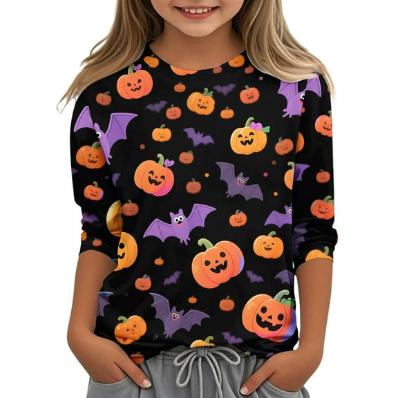 Abcomgle Girls Halloween Shirts 10-12 Spooky Pumpkin Bat Graphic Tshirts for Kids Crewneck 3/4 Sleeve Shirts for Kids Fall Funny Cute Tee Top Girls,11-12 Years