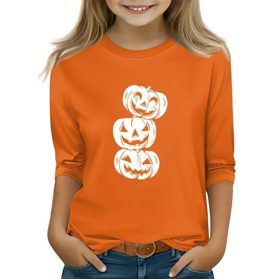 Abcomgle Girls Halloween Shirts 10-12 Spooky Pumpkin Graphic Shirts for Kids Girls Crewneck 3/4 Raglan Sleeve Tshirts for Girls Fall Funny Scary Top for Girls,10-11 Years