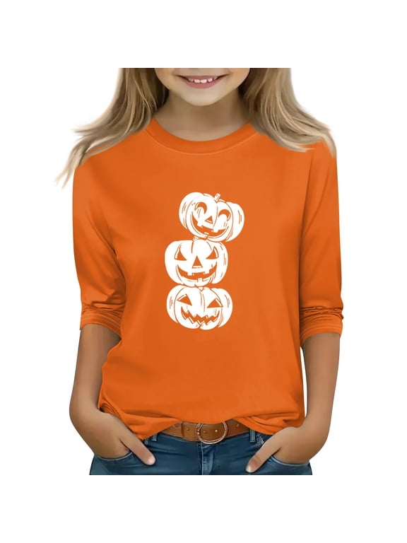 Girls Halloween Shirts 10-12 Spooky Pumpkin Graphic Shirts for Kids Girls Crewneck 3/4 Raglan Sleeve Tshirts for Girls Fall Funny Scary Top for Girls,10-11 Years