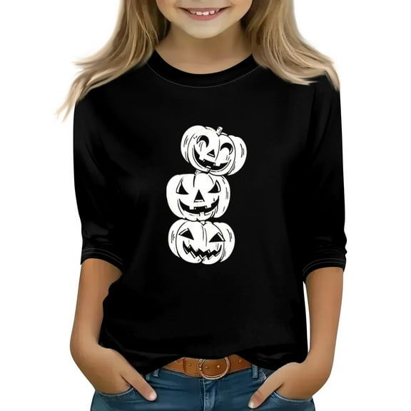 Abcomgle Girls Halloween Shirts 10-12 Spooky Pumpkin Graphic T-Shirts for Kid Girls Crewneck 3/4 Raglan Sleeve T Shirts for Girls Fall Funny Cute Blouses for Girls,8-9 Years