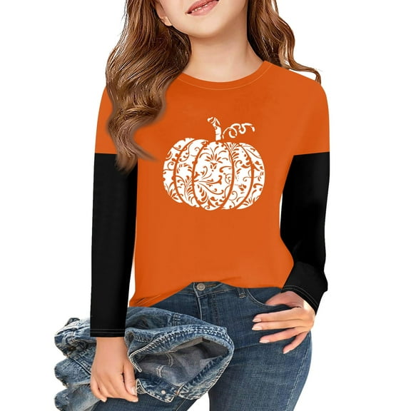 Abcomgle Girls Halloween Shirts 10-12 Spooky Pumpkin Print Tee Shirts for Girls Crewneck Long Sleeve Shirts for Kids Fall Funny Scary Tee Top Girls,3-4 Years