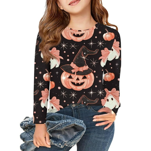 Abcomgle Girls Halloween Shirts 10-12 Spooky Pumpkin Witchs Hat Graphic Tshirts for Kids Crewneck Long Sleeve T Shirts for Girls Fall Funny Cute Tee Top Girls,7-8 Years