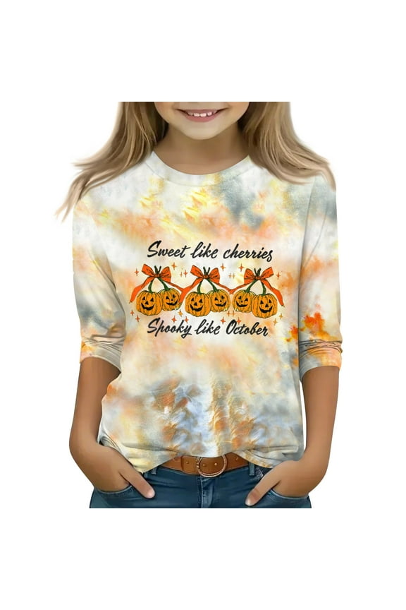 Girls Halloween Shirts 10-12 Spooky Tie Dye Pumpkin Face T-Shirts for Kid Girls Crewneck 3/4 Sleeve T Shirts for Girls Fall Funny Cute Tee Top Girls,9-10 Years