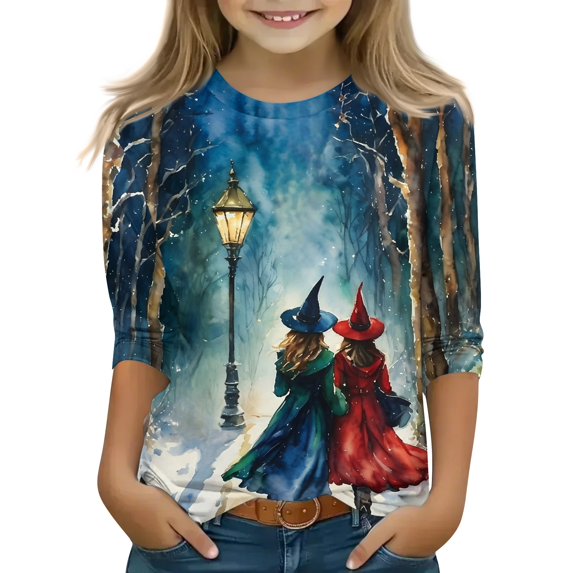 Abcomgle Girls Halloween Shirts 10-12 Spooky Witches Gathering Graphic Tee Shirts for Girls Crewneck 3/4 Sleeve T-Shirts for Kid Girls Fall Funny Holiday Blouses for Girls