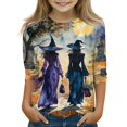 thumbnail image 1 of Abcomgle Girls Halloween Shirts 10-12 Spooky Witches Gathering Graphic Tshirts for Kids Crewneck 3/4 Sleeve Tshirts for Girls Fall Funny Scary Blouses for Girls, 1 of 4