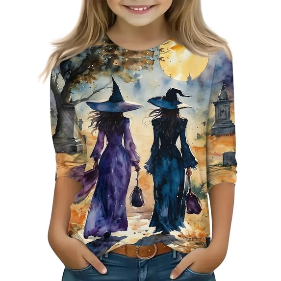 Abcomgle Girls Halloween Shirts 10-12 Spooky Witches Gathering Graphic Tshirts for Kids Crewneck 3/4 Sleeve Tshirts for Girls Fall Funny Scary Blouses for Girls