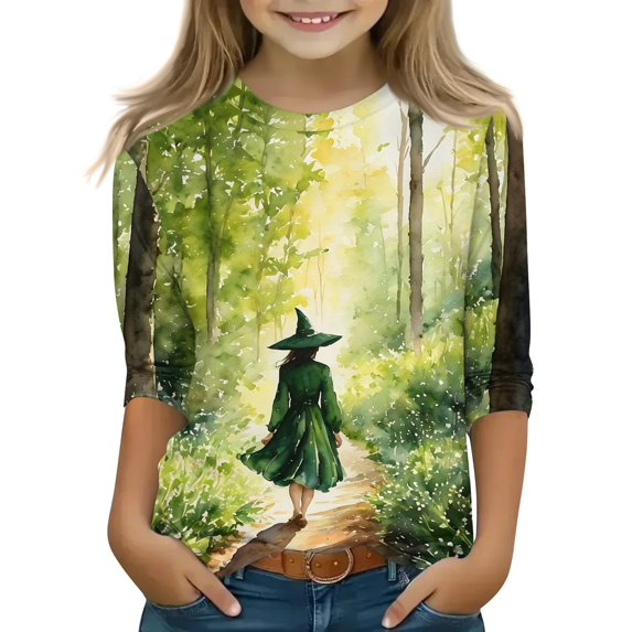 Abcomgle Girls Halloween Shirts 10-12 Spooky Witches Graphic Tshirts for Kids Crewneck 3/4 Sleeve T Shirts for Girls Fall Funny Scary Top for Girls