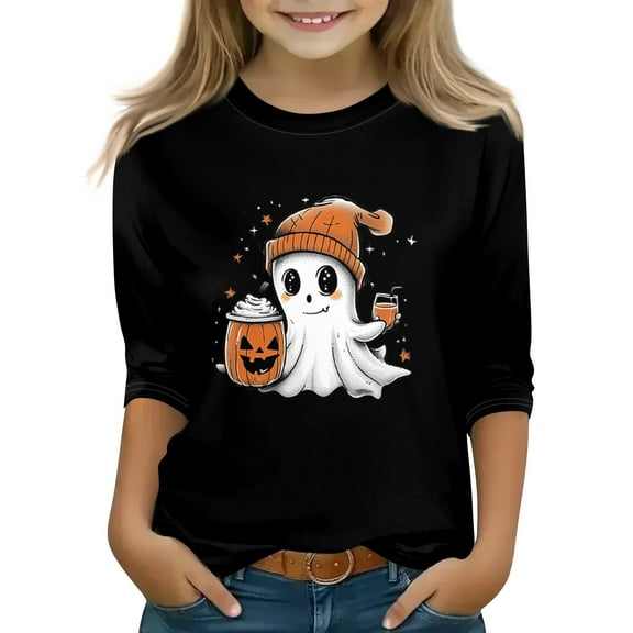 Abcomgle Girls Halloween Shirts 5t Cute Ghost Drinking Coffee T-Shirts for Girls Crewneck Short Sleeve Shirts for Kids Fall Funny Cute Top for Girls,7-8 Years