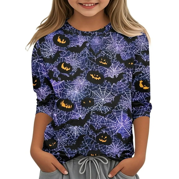 Abcomgle Girls Halloween Shirts 5t Spooky Bat Spider Graphic T Shirts for Girls Crewneck 3/4 Sleeve T-Shirts for Kid Girls Fall Funny Scary Blouses for Girls,9-10 Years