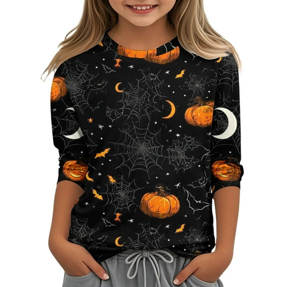 Abcomgle Girls Halloween Shirts 5t Spooky Bat Spider Graphic Tshirts for Kids Crewneck 3/4 Sleeve Shirts for Kids Fall Funny Scary Blouses for Girls,3-4 Years