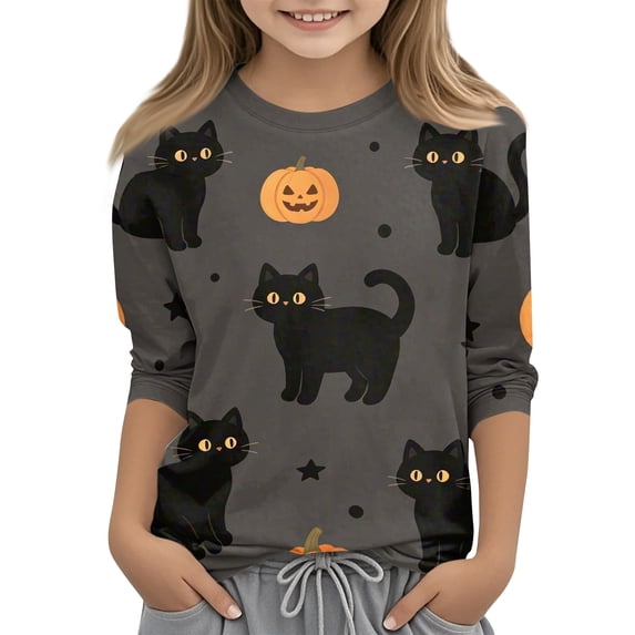 Abcomgle Girls Halloween Shirts 5t Spooky Black Cat Pumpkin Graphic T Shirts for Girls Crewneck 3/4 Sleeve Tshirts for Kids Fall Funny Holiday Tee Top Girls