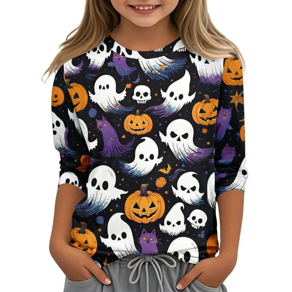 Abcomgle Girls Halloween Shirts 5t Spooky Ghost Pumpkin Graphic Tee Shirts for Girls Crewneck 3/4 Sleeve T-Shirts for Girls Fall Funny Scary Tee Top Girls,7-8 Years