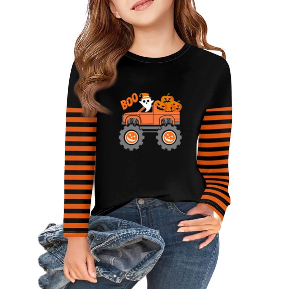 Abcomgle Girls Halloween Shirts 5t Spooky Ghost Truck Graphic T Shirts for Girls Crewneck Long Sleeve Tee Shirts for Girls Fall Funny Cute Tee Top Girls,6-7 Years