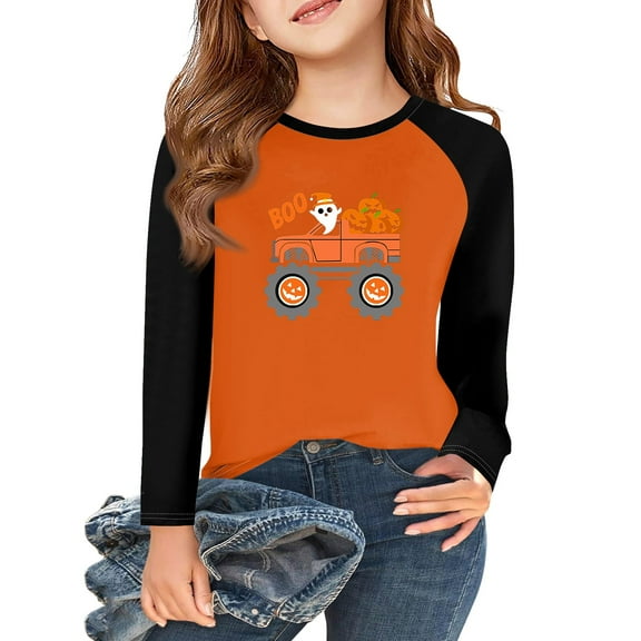 Abcomgle Girls Halloween Shirts 5t Spooky Ghost Truck Graphic Tshirts for Kids Crewneck Raglan Long Sleeve T Shirts for Girls Fall Funny Holiday Top for Girls,3-4 Years