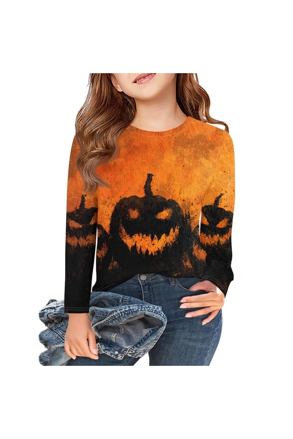 Girls Halloween Shirts 5t Spooky Pumpkin Face Graphic Shirts for Kids Girls Crewneck Long Sleeve T-Shirts for Kid Girls Fall Funny Scary Tee Top Girls,6-7 Years