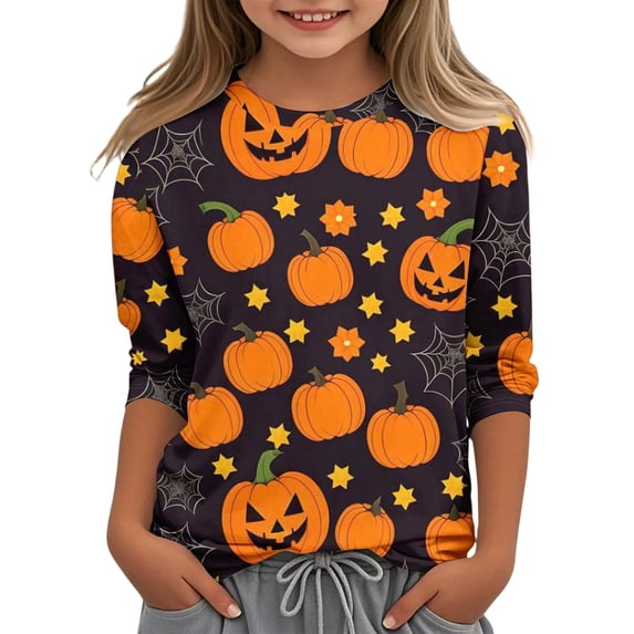 Abcomgle Girls Halloween Shirts 5t Spooky Pumpkin Face Graphic Tshirts for Girls Crewneck 3/4 Sleeve Tshirts for Kids Fall Funny Scary Tee Top Girls,11-12 Years