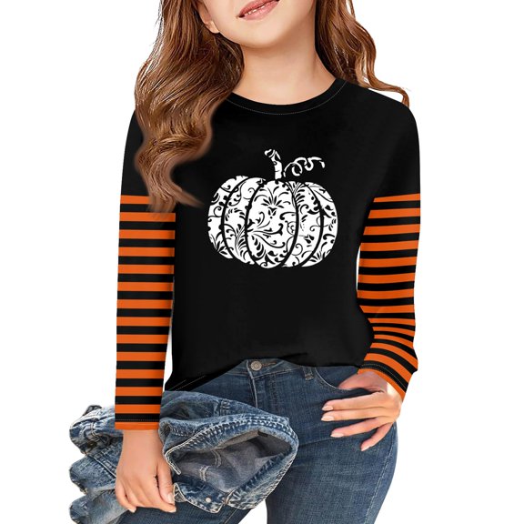 Abcomgle Girls Halloween Shirts 5t Spooky Pumpkin Print T-Shirts for Girls Crewneck Long Sleeve T-Shirts for Kid Girls Fall Funny Scary Top for Girls,2-3 Years