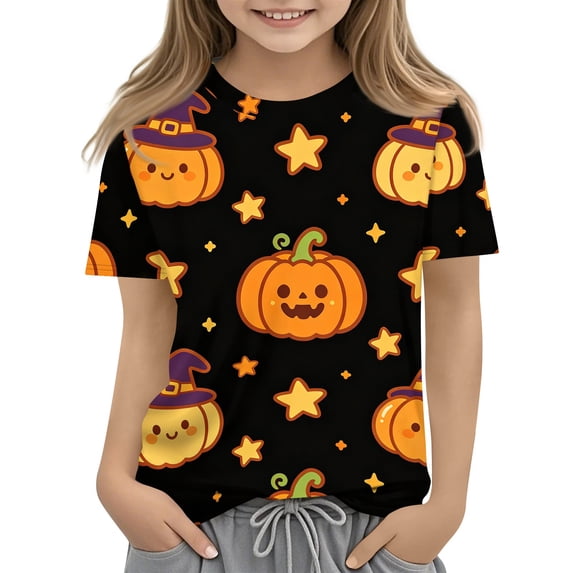 Abcomgle Girls Halloween Shirts 5t Spooky Pumpkin Stars Graphic T-Shirts for Kid Girls Crewneck Short Sleeve T Shirts for Girls Fall Funny Scary Tee Top Girls