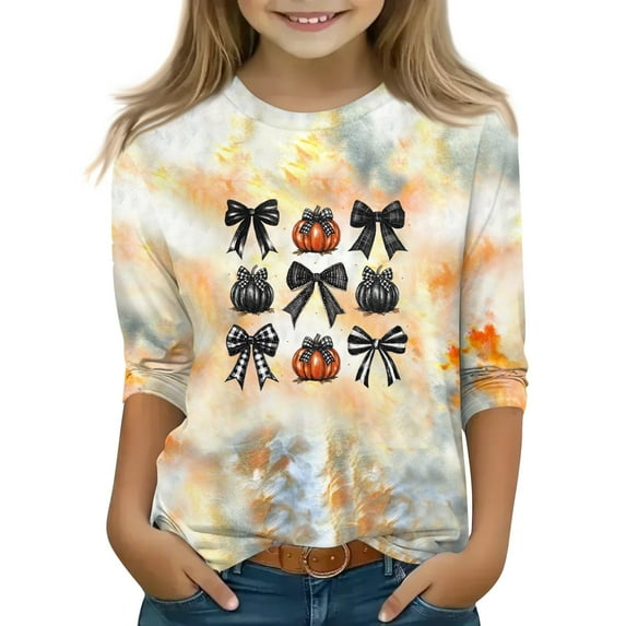 Abcomgle Girls Halloween Shirts 5t Spooky Tie Dye Bownot Pumpkin T-Shirts for Girls Crewneck 3/4 Sleeve Shirts for Kids Girls Fall Funny Holiday Tee Top Girls,7-8 Years