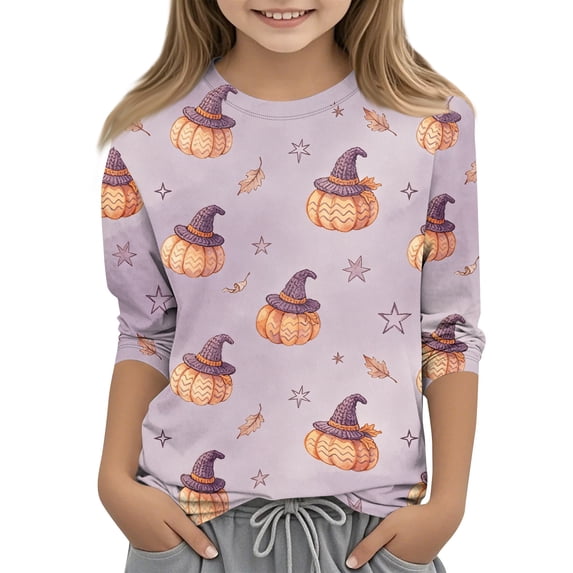Abcomgle Girls Halloween Shirts 5t Spooky Witchs Hat Pumpkin Graphic Tshirts for Girls Crewneck 3/4 Sleeve Tee Shirts for Girls Fall Funny Scary Top for Girls