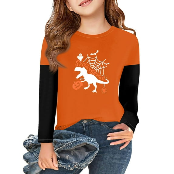 Abcomgle Girls Halloween Shirts Size 14 Spooky Dinosaur Skeleton Graphic Shirts for Kids Girls Crewneck Long Sleeve T-Shirts for Girls Fall Funny Holiday Top for Girls,8-9 Years