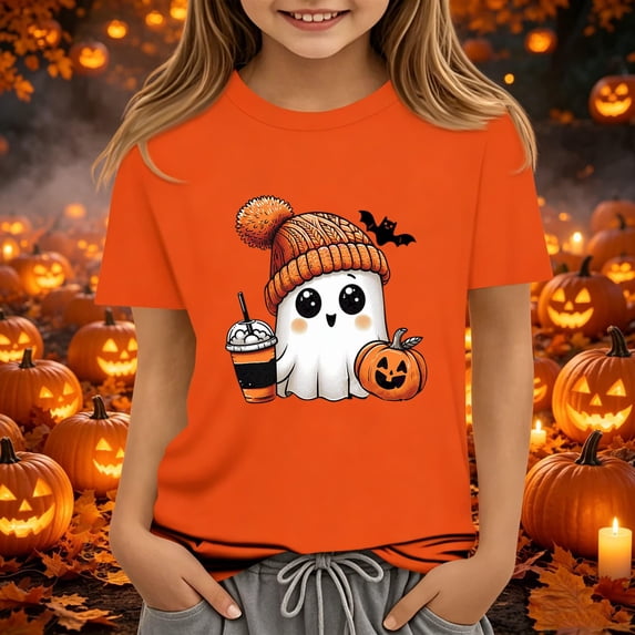 Abcomgle Girls Halloween Shirts Size 14 Spooky Ghost Drinking Coffee Tshirts for Girls Crewneck Short Sleeve Shirts for Kids Fall Funny Holiday Blouses for Girls