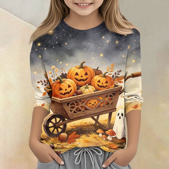 Abcomgle Girls Halloween Shirts Size 14 Spooky Ghost Pumpkin Car Graphic Tshirts for Girls Crewneck 3/4 Sleeve T Shirts for Girls Fall Funny Scary Tee Top Girls