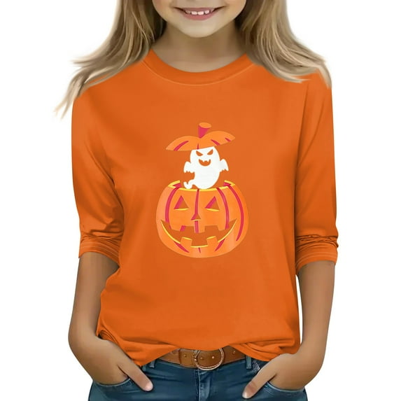 Abcomgle Girls Halloween Shirts Size 14 Spooky Jack O Lantern Shirts for Kids Crewneck 3/4 Raglan Sleeve Tshirts for Kids Fall Funny Scary Top for Girls,6-7 Years