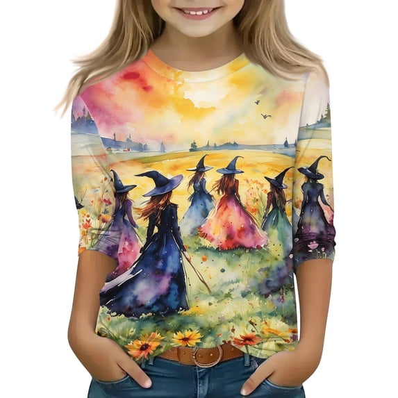 Abcomgle Girls Halloween Shirts Size 14 Spooky Witches Gathering Graphic Tee Shirts for Girls Crewneck 3/4 Sleeve Tshirts for Girls Fall Funny Scary Blouses for Girls