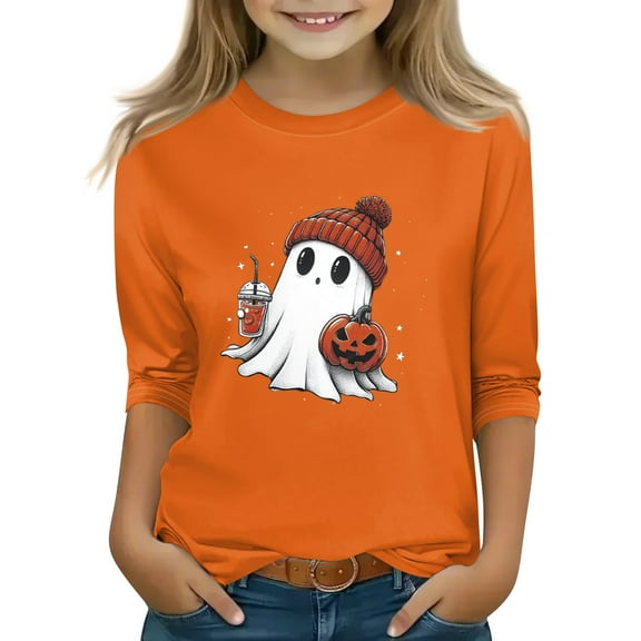 Abcomgle Girls Halloween Shirts Size 6 Cute Ghost Drinking Coffee Shirts for Kids Girls Crewneck Short Sleeve Tshirts for Girls Fall Funny Cute Top for Girls,8-9 Years