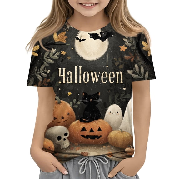 Abcomgle Girls Halloween Shirts Size 6 Spooky Black Cat Pumpkin Graphic T-Shirts for Girls Crewneck Short Sleeve Tshirts for Kids Fall Funny Cute Tee Top Girls