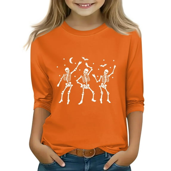 Abcomgle Girls Halloween Shirts Size 6 Spooky Dancing Skeleton Graphic T Shirts for Girls Crewneck 3/4 Raglan Sleeve Shirts for Kids Girls Fall Funny Holiday Top for Girls,8-9 Years