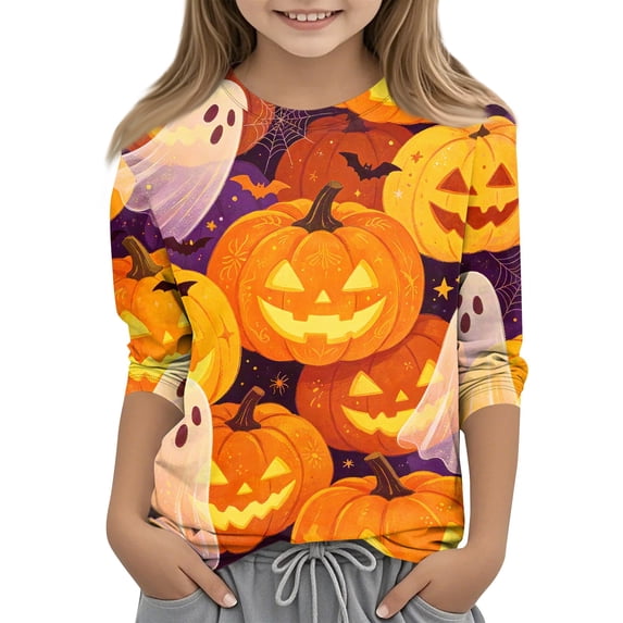 Abcomgle Girls Halloween Shirts Size 6 Spooky Ghost Pumpkin Graphic Shirts for Kids Girls Crewneck 3/4 Sleeve T-Shirts for Kid Girls Fall Funny Cute Tee Top Girls