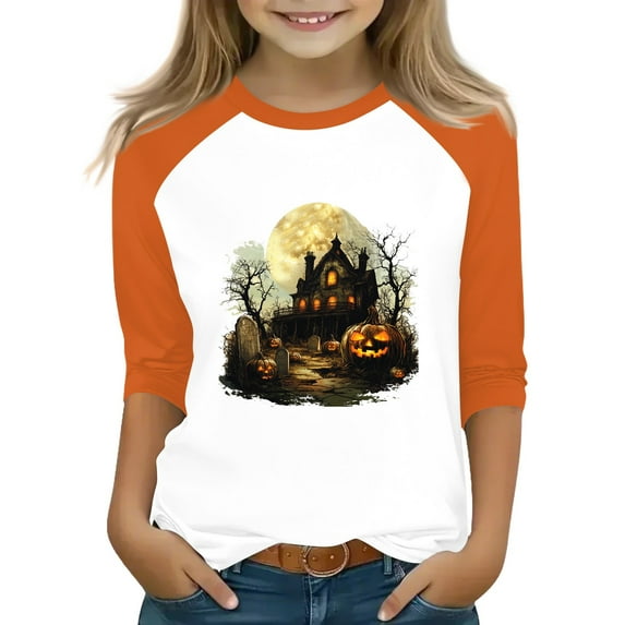 Abcomgle Girls Halloween Shirts Size 6 Spooky Gothic Style Graphic Tshirts for Kids Crewneck 3/4 Raglan Sleeve T-Shirts for Girls Fall Funny Holiday Tee Top Girls,3-4 Years