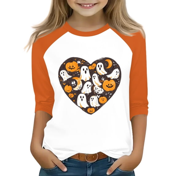Abcomgle Girls Halloween Shirts Size 6 Spooky Love Heart Graphic T-Shirts for Kid Girls Crewneck 3/4 Raglan Sleeve Shirts for Kids Girls Fall Funny Scary Blouses for Girls,3-4 Years
