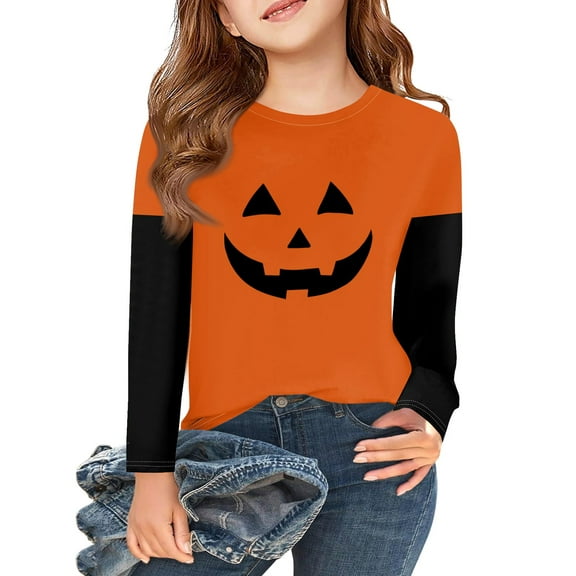 Abcomgle Girls Halloween Shirts Size 6 Spooky Pumpkin Face Graphic Shirts for Kids Crewneck Long Sleeve Tshirts for Girls Fall Funny Cute Tee Top Girls,2-3 Years