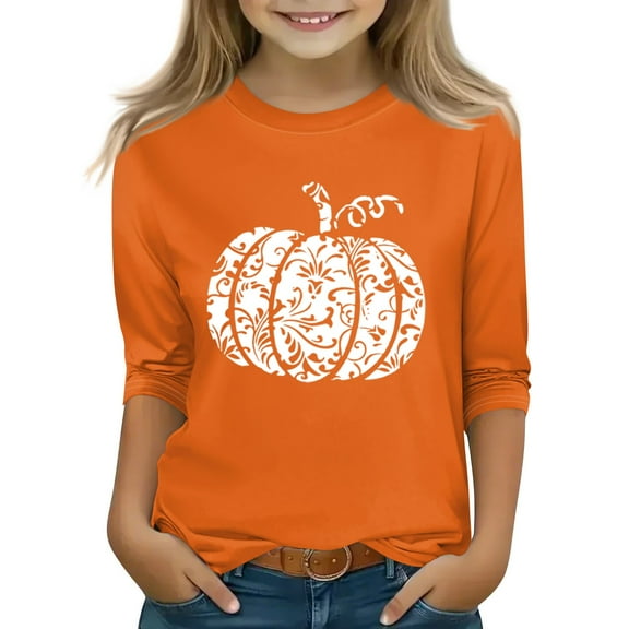 Abcomgle Girls Halloween Shirts Size 6 Spooky Pumpkin Print T Shirts for Girls Crewneck 3/4 Raglan Sleeve Tshirts for Kids Fall Funny Cute Tee Top Girls,3-4 Years