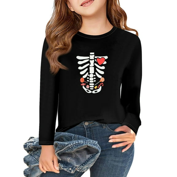 Abcomgle Girls Halloween Shirts Size 6 Spooky Spooky Skeleton Graphic Shirts for Kids Crewneck Long Sleeve T Shirts for Girls Fall Funny Holiday Top for Girls,2-3 Years